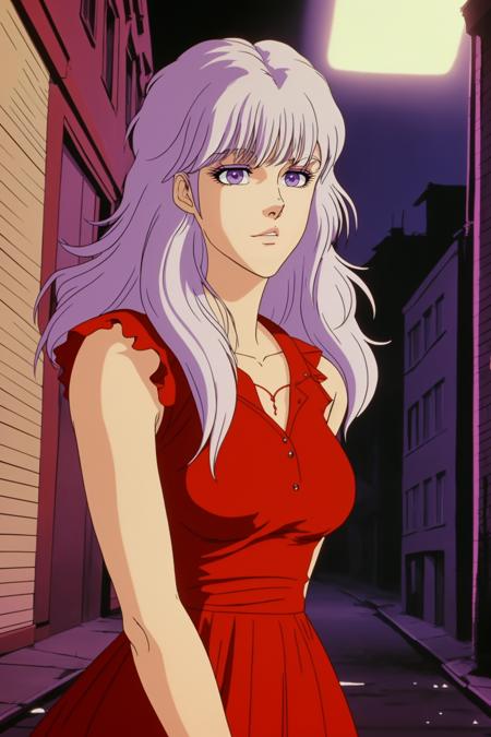 1671612808975-552617024-closeup of a woman with white hair, purple eyes, wearing a red dress, in a street at night,_HNKstyle, 80's anime, _.png